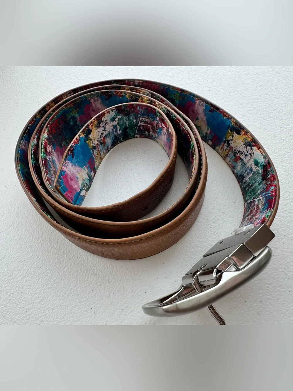 Robert Graham Reversible Leather Belt Brown Multicolor Abstract Lining Size 44
